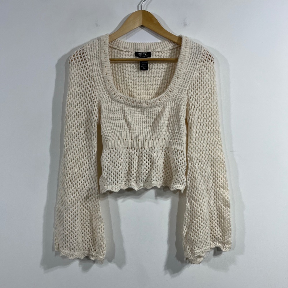 Thorn&Fable Y2K Babydoll Renfair Boho Open Knit Bell Sleeve Sweater Womens Small